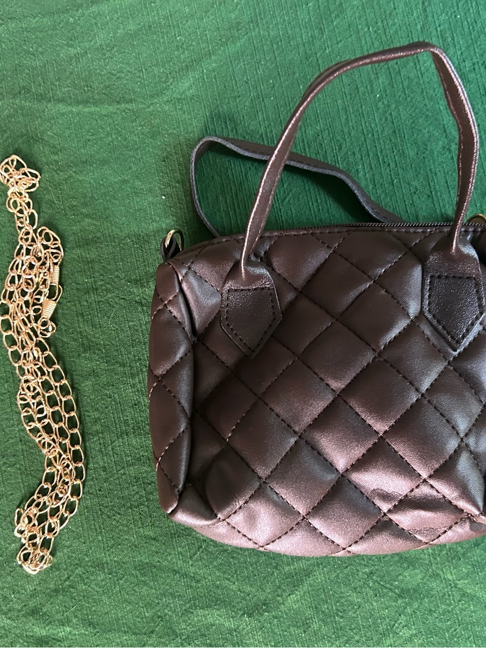 Source Unknown Quilted Mini Handbag in Dark Brown with Gold Chain